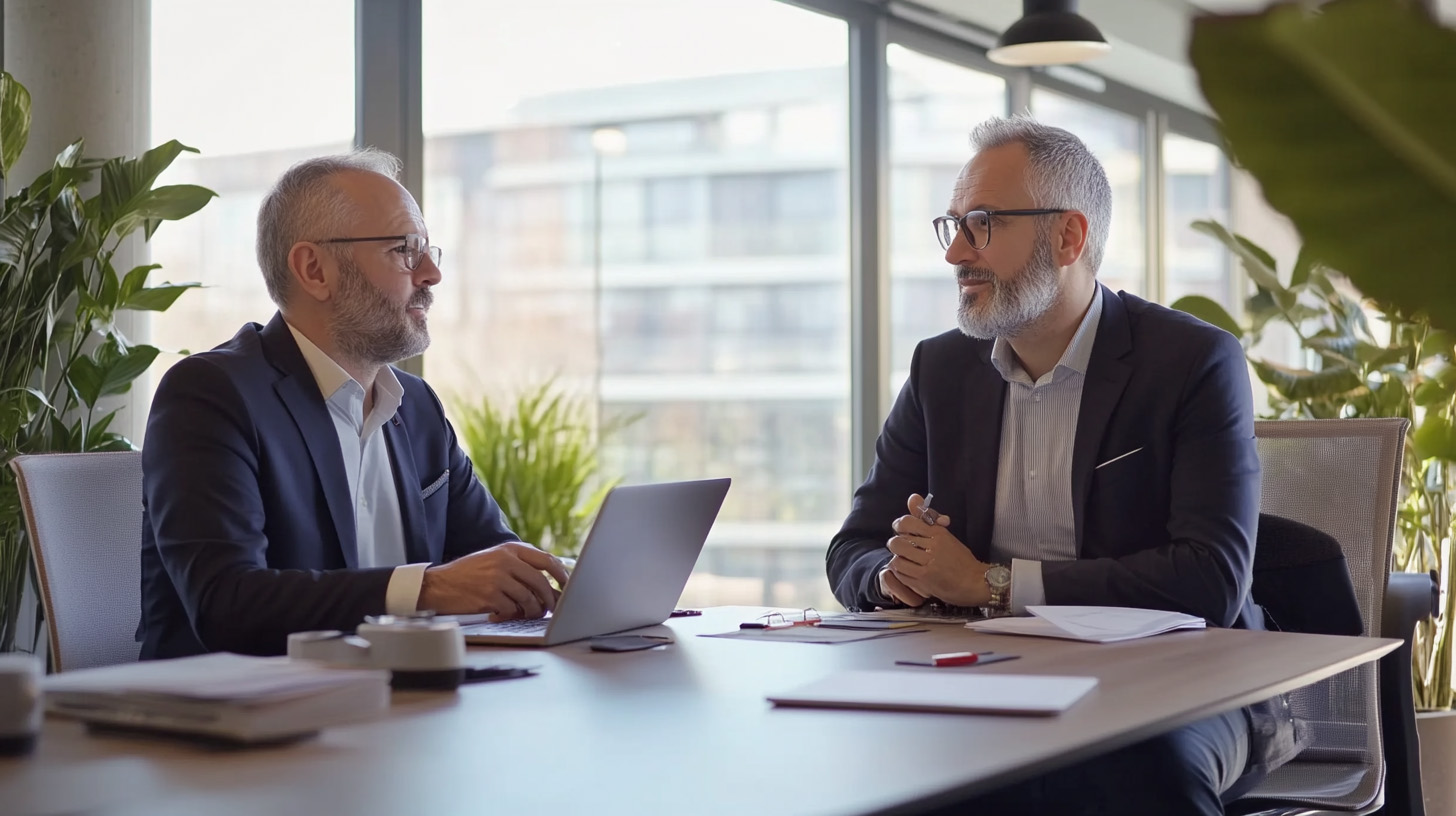 Dois empresários reunidos em uma mesa de trabalho